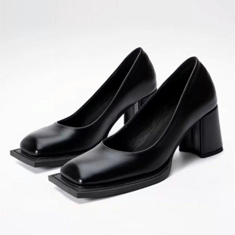 Fashion Luxury Designer Women's Pumps Sexy Square Toe Chunky Heel High Heels Black Soft Leather Elegant Evening Dress Shoes for Women