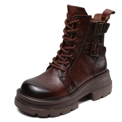 Fashion 6CM Women Mid Calf Boots 2024 Autumn Winter Quality Genuine Leather Thick High Heel Platform Wide Head Lace-Up Retro Boots