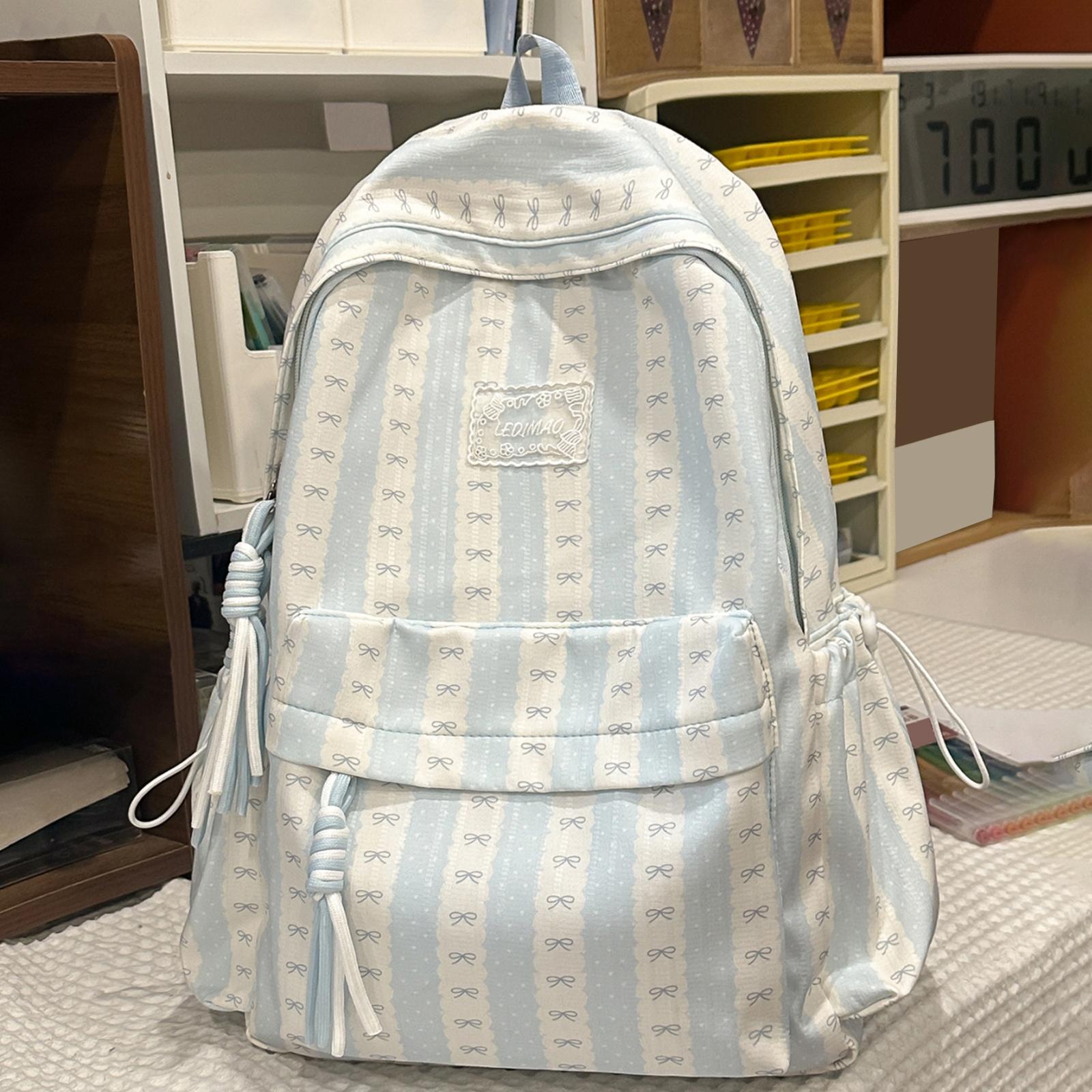 

Nylon Bow Printed Lightweight Travel Bag Large Capacity Aesthetic Daypack Bow Rucksack Multi-pocket for Teens Girls Students синий