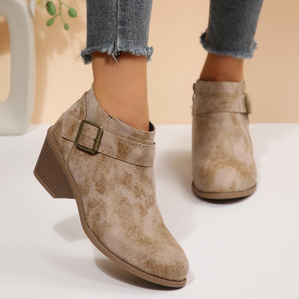 Autumn new pointed side zipper thick heel retro Martin boots women's large size belt model medium heel short boots