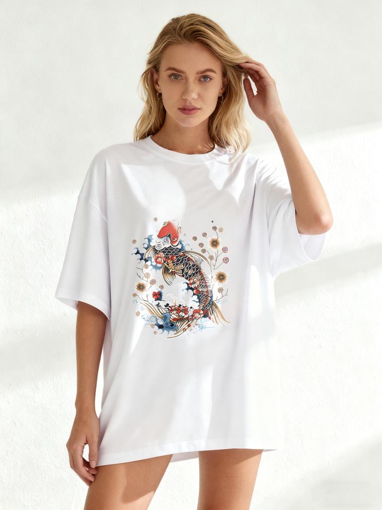 Black Oversized T Shirt With Koi Fish And Flowers Print For Casual Wear