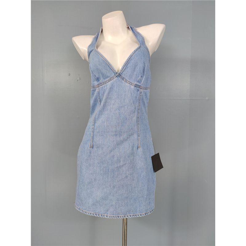 Foreign Trade Order Lu's Gyaru Fashion Personality Hanging Neck Backless Sexy V-neck Denim Temperament Slimming Sheath Dress
