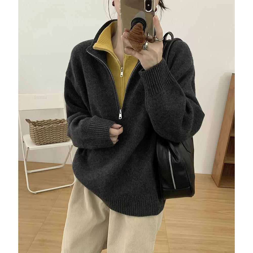 

Пуловер женский осенне-зимний новый ленивый повседневный вязаный свитер с двойным воротником на молнии, двухцветный, имитация двух частей average size