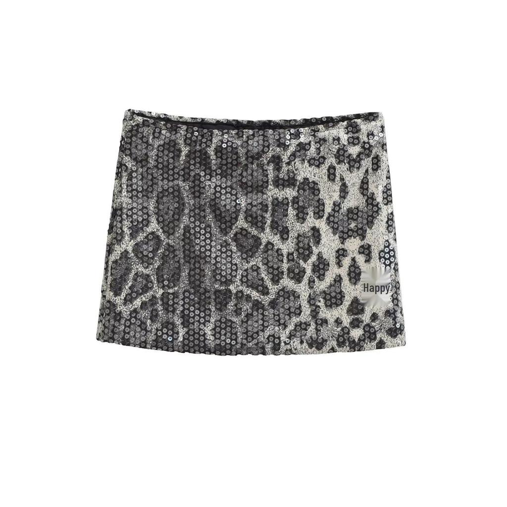 2025 Autumn Retro Leopard Print Sequin Low-Waist Hip-Hugging Short Skirt for Women