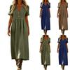 Women Short Sleeve V Neck Button Front Maxi Dress Solid Color Casual Loose Fit Summer Long Dress