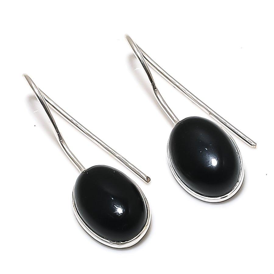 Natural Black Onyx Gemstone 925 Sterling Silver Jewelry Earring 1.26  ETC-14081
