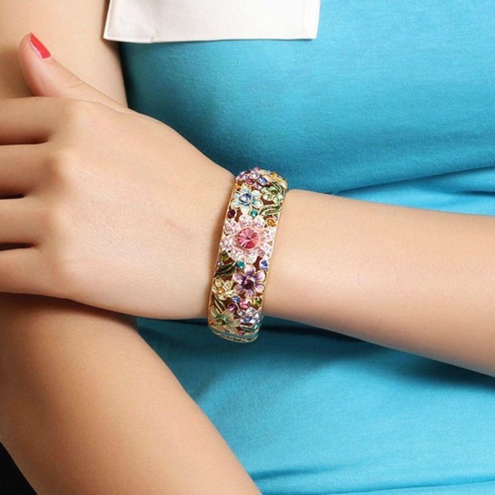 Enamel Chinese Cloisonne Bracelet Rhinestone Women's Hand Bracelet Hollow Out Flower Bangle  Gifts