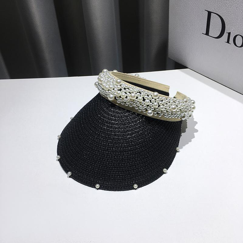 

Fashion Handmade Pearl Lady Empty Top Kentucky Derby Wide Brim Sun Visor Straw Hat Woman Summer Sun Protection Beach Vacation free size чорний
