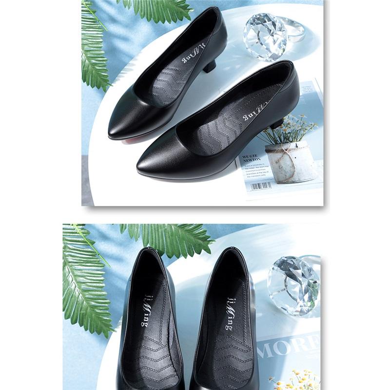 Women Black Leather Block Heel Pumps Comfortable Office Work Shoes