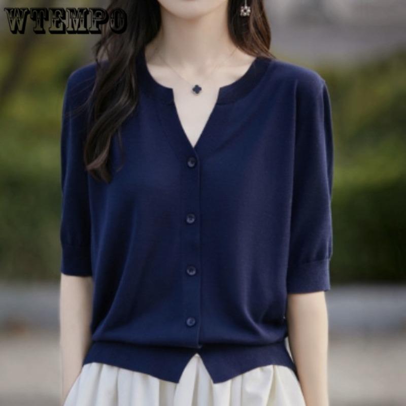 Women's Short Sleeved T-shirt Summer Loose Cardigan T-shirt V-neck Ice Silk Knitted Top