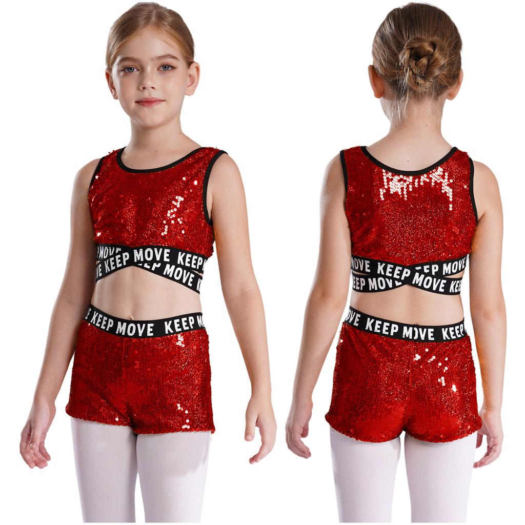 Kids Girls Sparkling Sequins Dance Clothes Set Sleeveless Criss Cross Straps Crop Top with Shorts