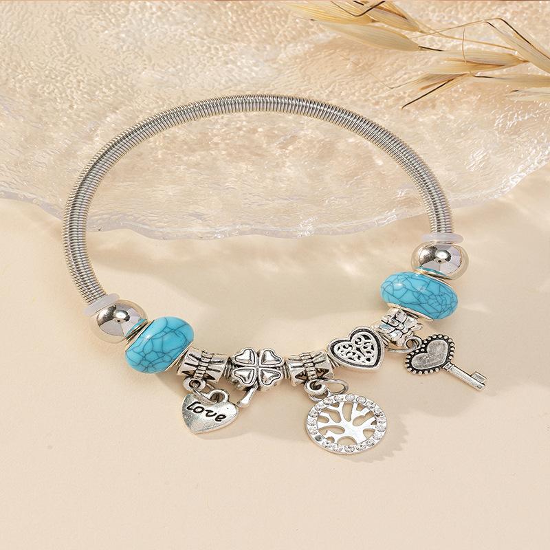 Handmade Beaded Bracelet With Heart Clover Key And Tree Of Life Pendant Charm Jewelry