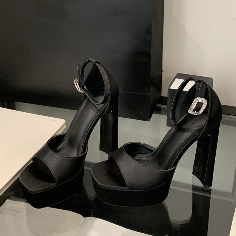 Fashion Liyke Runway Style Black High Heels Platform Sandals For Women Cozy Silk Square Toe Buckle Strap Lady Party Dress Shoes Size 40