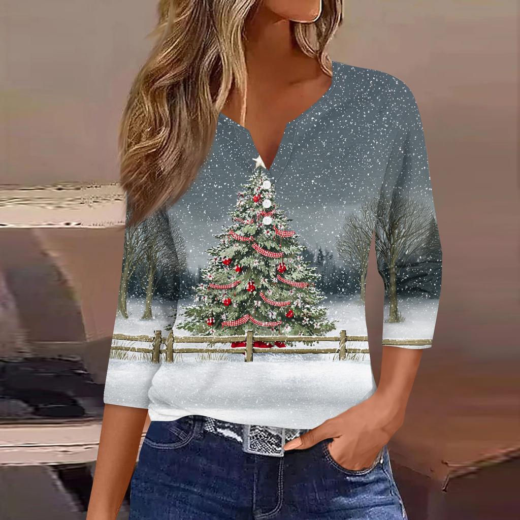 Women's Fashion Casual Christmas Print V-Neck Short Sleeve Decorative Button Three-quarter Sleeve T-shirt Top