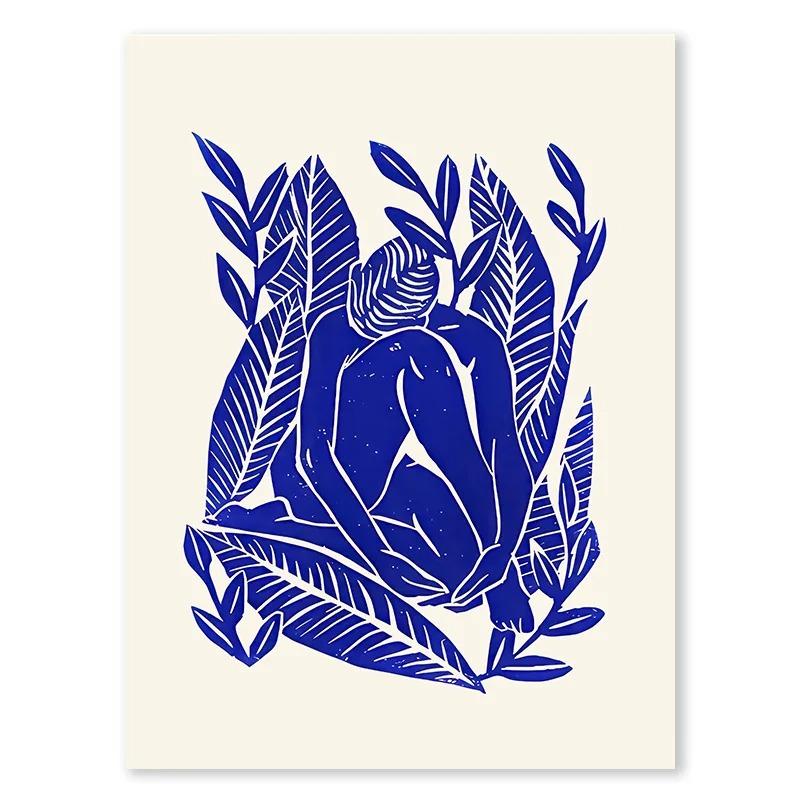 Abstrakt Blau Geometrische Gesichtslinien Leinwandmalerei Kurve Mädchen Vase Taube Wandkunst Poster Druck Bild Nordisch Schlafzimmer Heimdekor