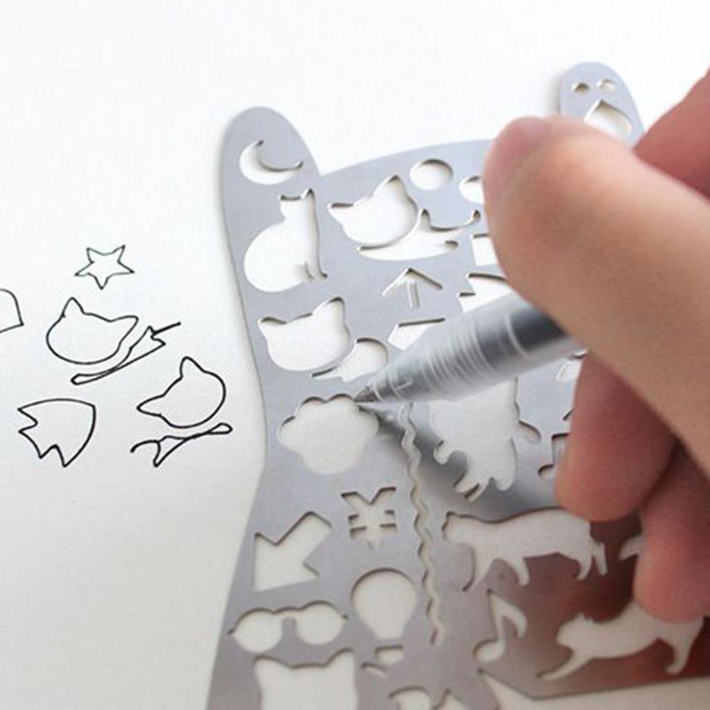 Cat-themed Hollow ruler for journals Planner Stencils Hollow Journaling Supplies Portable Scrapbook Templates metal cutout ruler