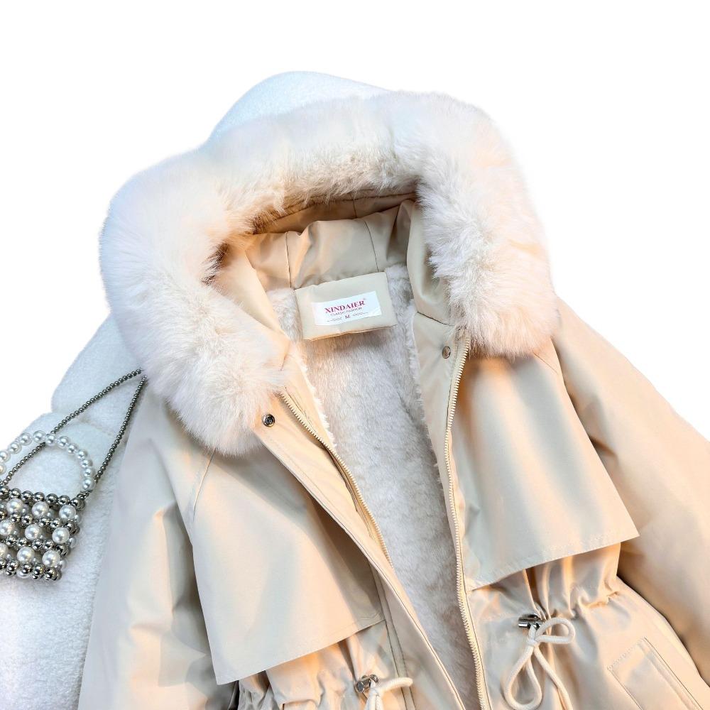 Women's Winter Parka Coat Large Fur Collar Fashion Versatile Fleece Lined All-In-One Warm Jacket Thick Outerwear