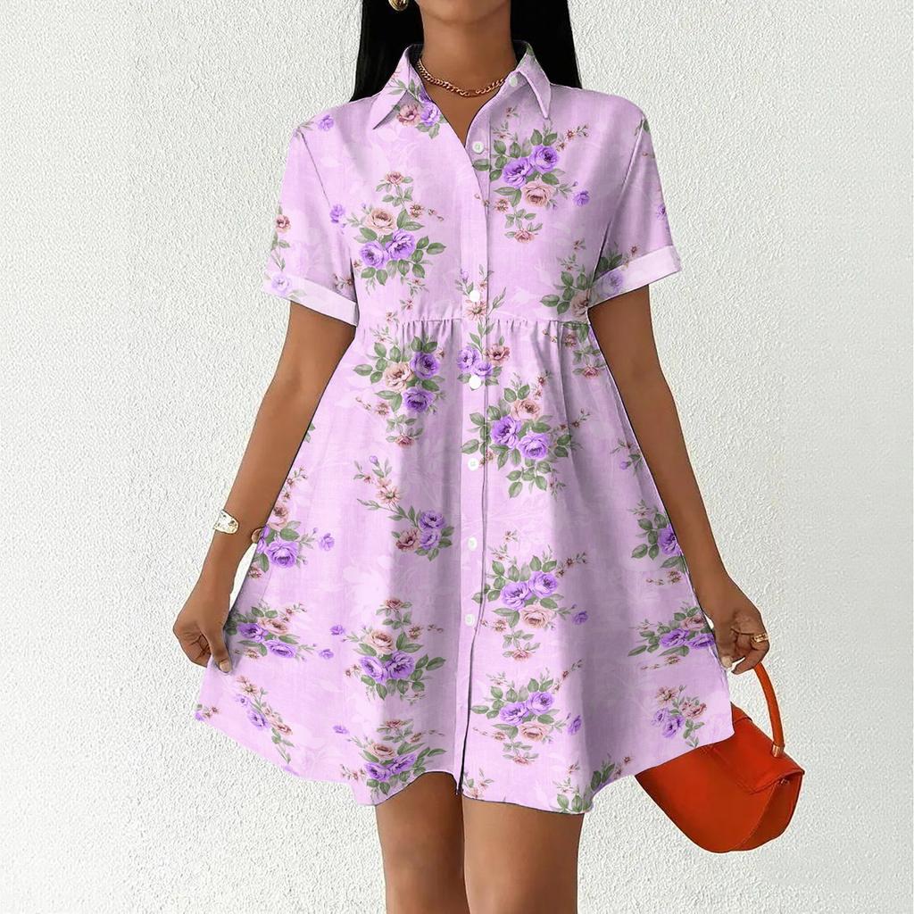 Women’s Casual Loose Fit Shirt Dress Button Front Stand Collar Short Sleeve Relaxed Tunic Dress with Geometric Print
