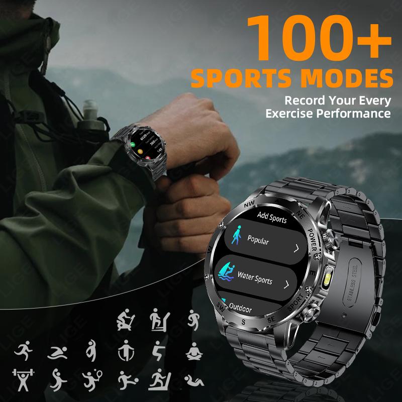 800mAh Large Battery Durable Adult Smart Watch Compass LED Flashlight IP68 BT Call Heart Rate 100+ Sports Smartwatch Men
