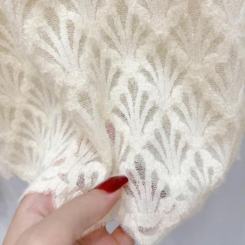 Damska jesienno-zimowa koszula z długim rękawem z ażurowym wzorem, sweter z bazą z szczotkowanej koronki, seksowna siateczkowa bluzka z szyfonu i koronki