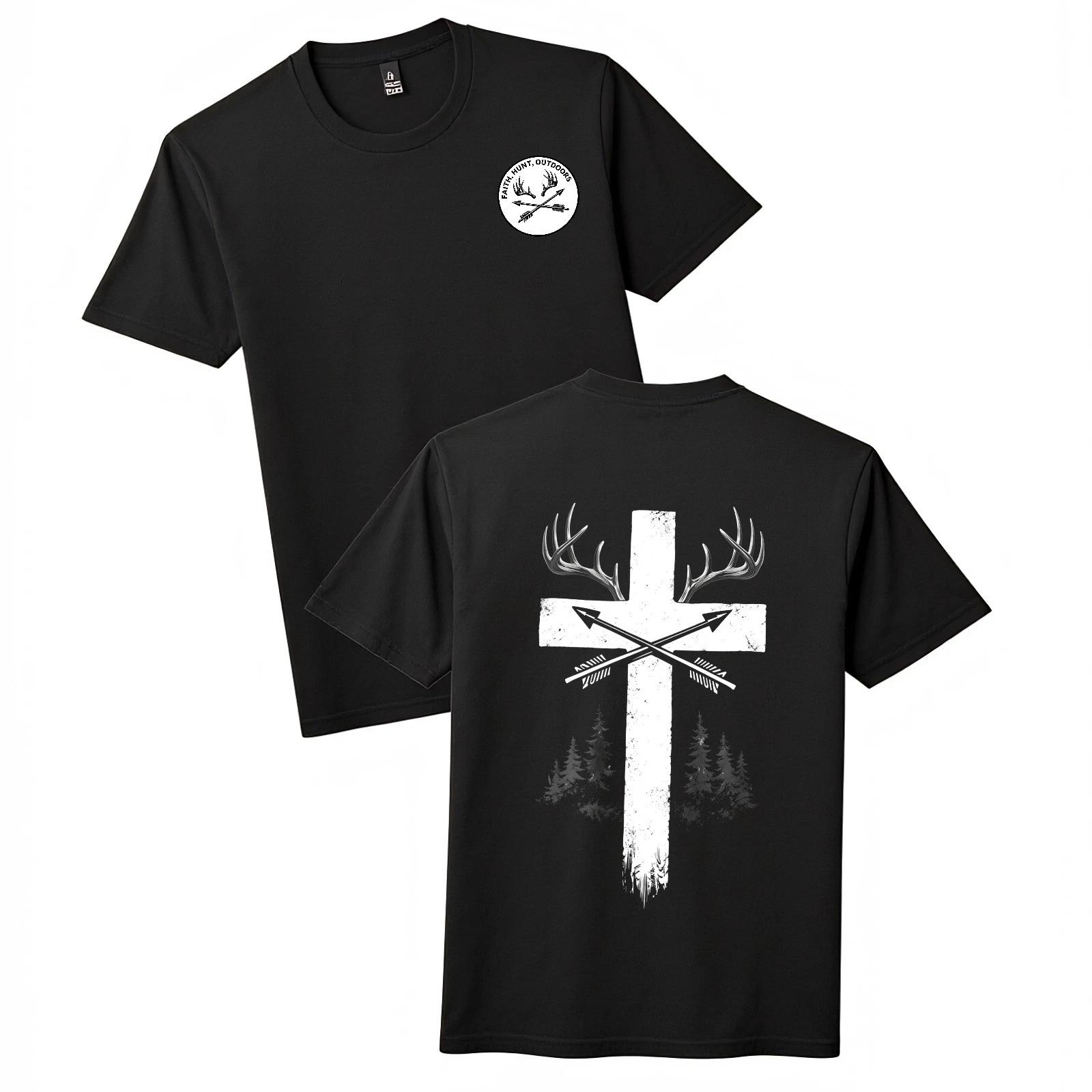 Vintage Faith Hunt Print T-Shirt-Antler Cross Outdoors Unisex Tee Free Shipping S