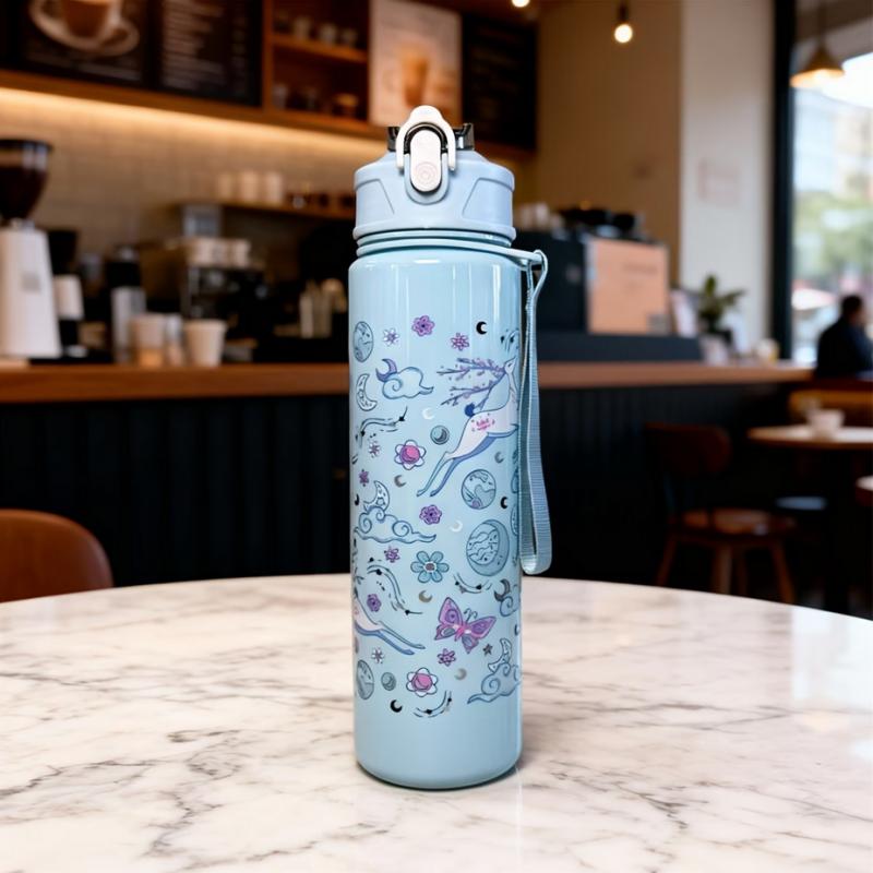750ml Cute Cartoon Pattern Water Bottle, Large Capacity Portable Leak-Proof Tumbler with Carry Strap and Straw for Sporting