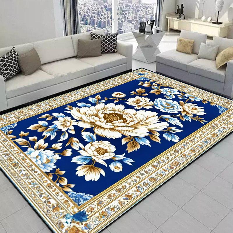 Carpet for Living Room European Classical Blue Flower Carpet Non-slip Bedroom Large Area Floor Mat Washable Cloakroom Lounge Rug