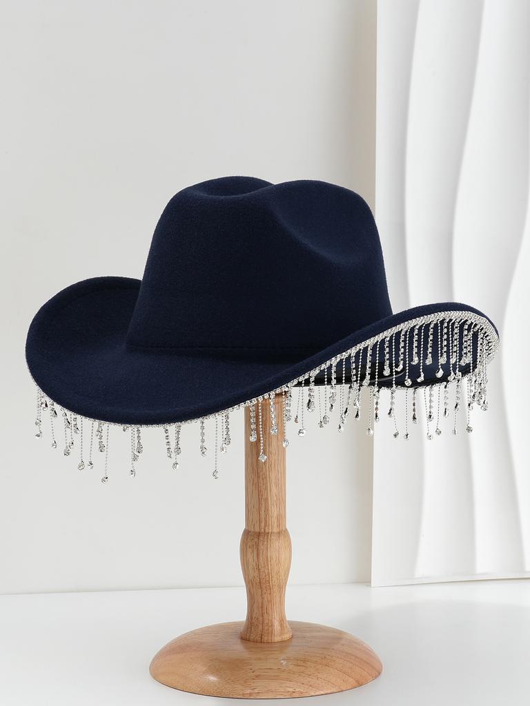 Women's Bridal Rhinestone Tassel Cowboy Hat Bachelorette Party Photo Prop Felt Hat White Party Hat for Bridesmaid Gift