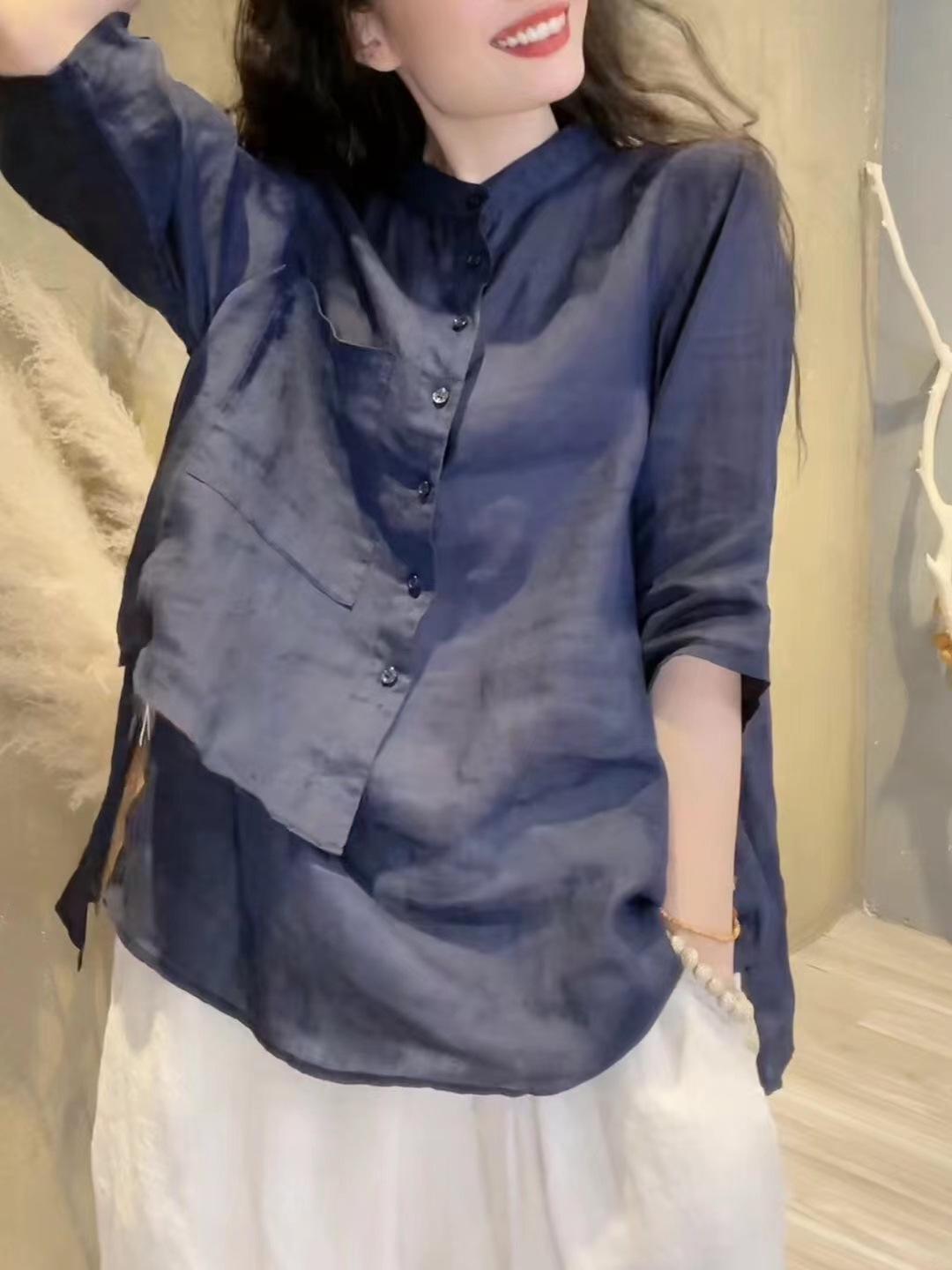 

Женская ретро рубашка из хлопка и льна с нерегулярным рукавом семь восьмых - Дизайн осени 2024, лестный свободный крой 4XL темно-синий