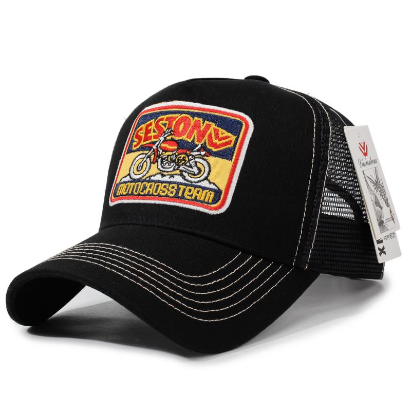 Ademende Mesh Truckerpet Vintage Motorfiets Borduurwerk Zonbescherming Snapback Pet Custom Logo voor Wandelen Kamperen Reizen
