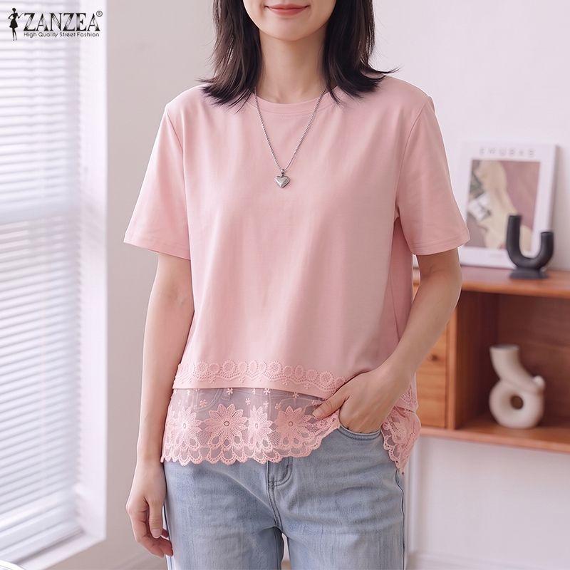 ZANZEA Women Casual Round Neck Loose Lace Splice Summer Short Sleeve T-Shirts