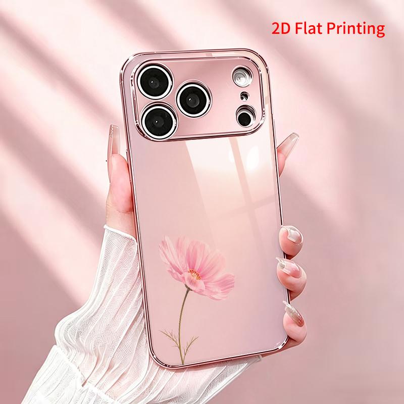 2DFlat electroplated tempered glass phone case,Pink Cosmos Flower on Soft Gradient Background,suitable for iPhone 18 Pro Max 17 16 15 14 13 12 11