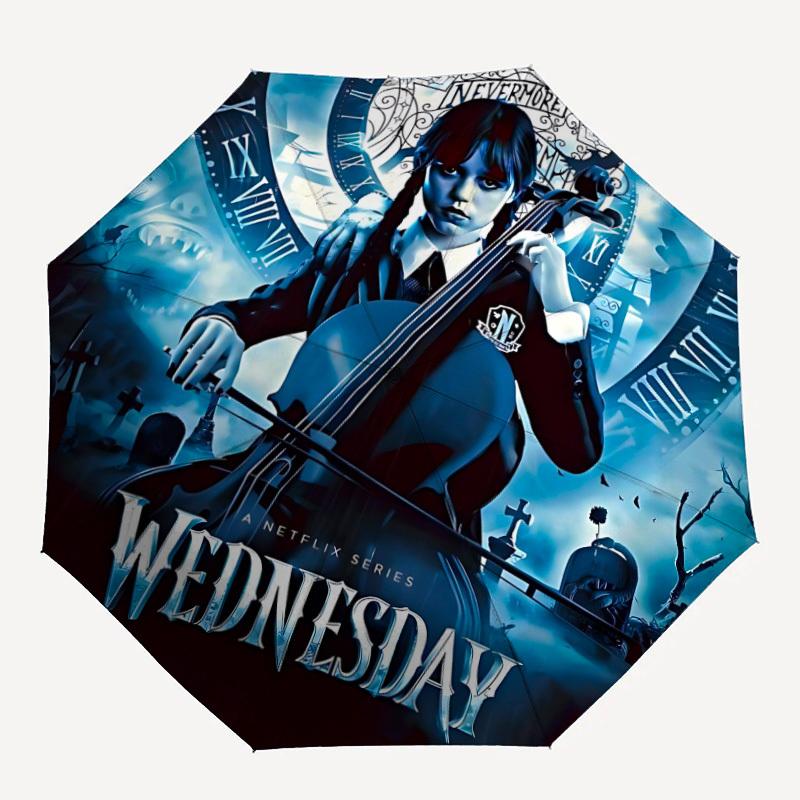 

1PC Wednesday Addams Gothic Music Automatic Folding Umbrella - Compact 8-Rib Design, Durable Plastic & Iron, F010635
