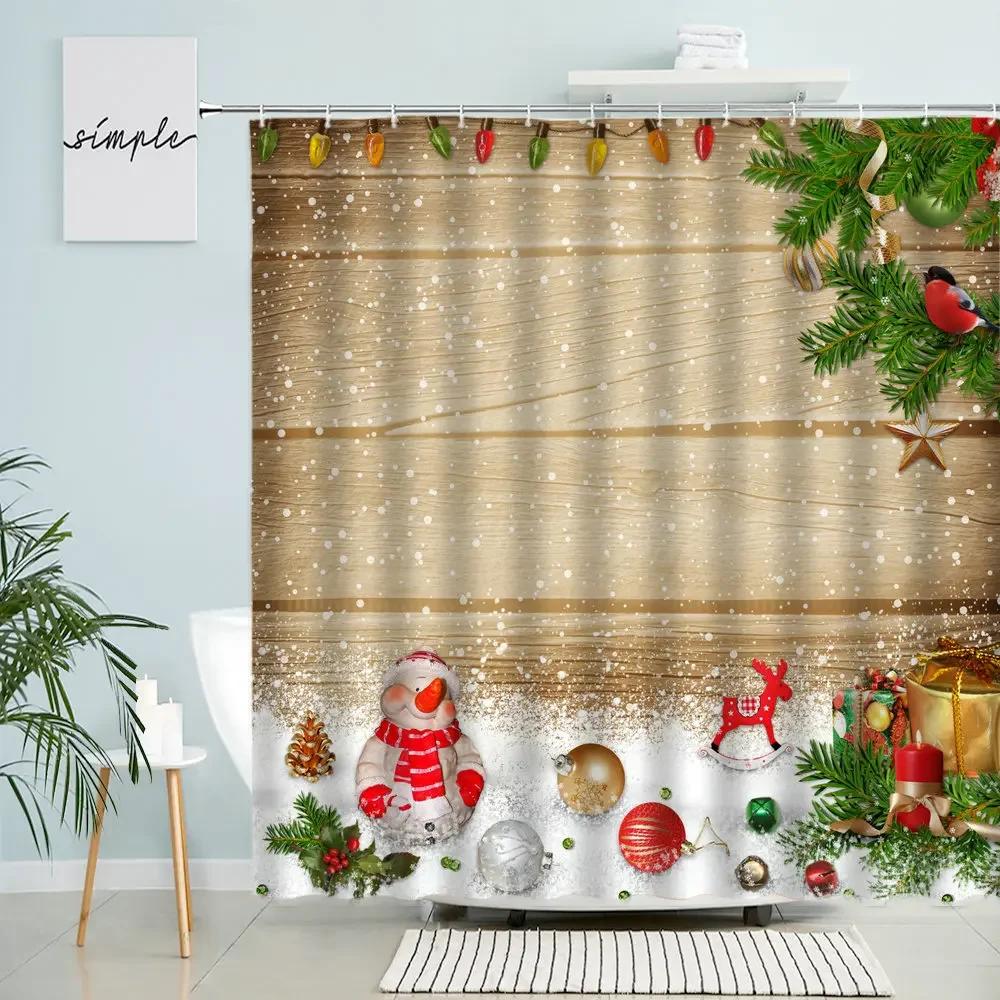 Rideau de douche Rétro Noël Nouvel An Vieille Planche de Bois Sapin de Noël Voiture Guirlande Flocon de Neige Décor de Salle de Bain Maison de Campagne