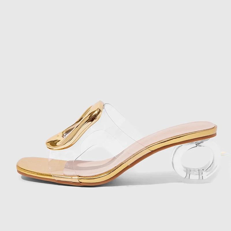 Fashion Novelty Strange Clear Heel Slippers Women Metal Decoration High Heel Slide Sandals Summer Transparent Pvc Strap Beach Flip Flop