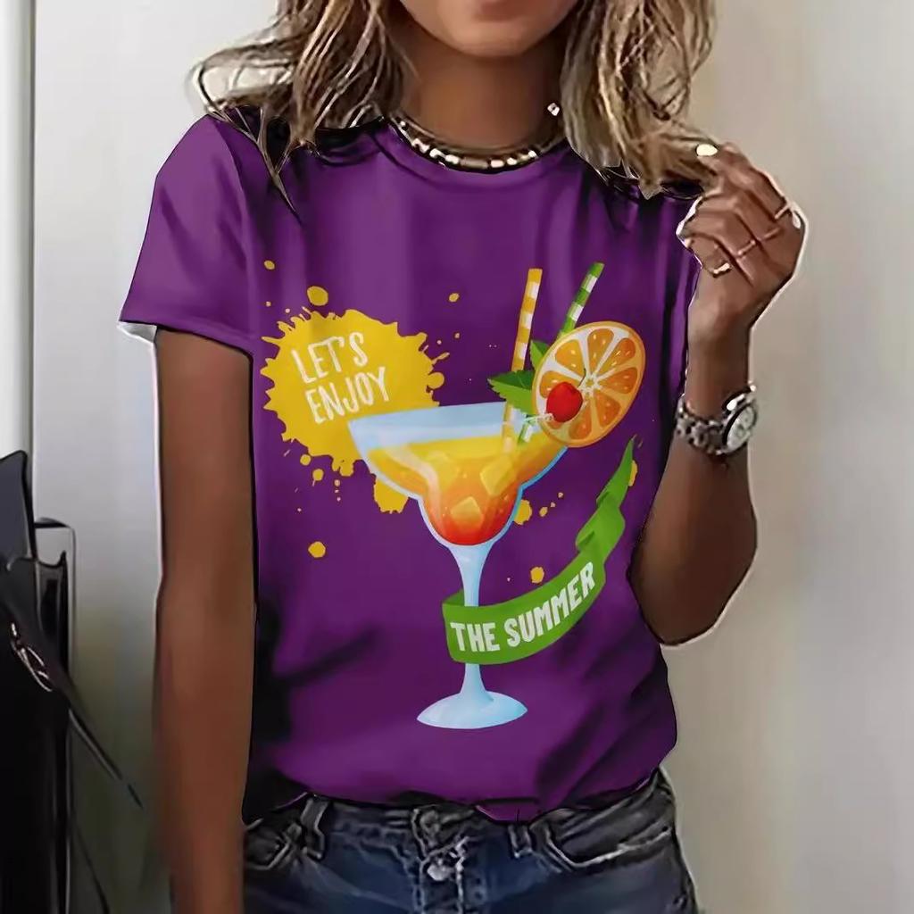 Summer Round Neck Fruit Juice Beverage Printed Top Fashionable Casual Short Sleeved Women's T-shirts