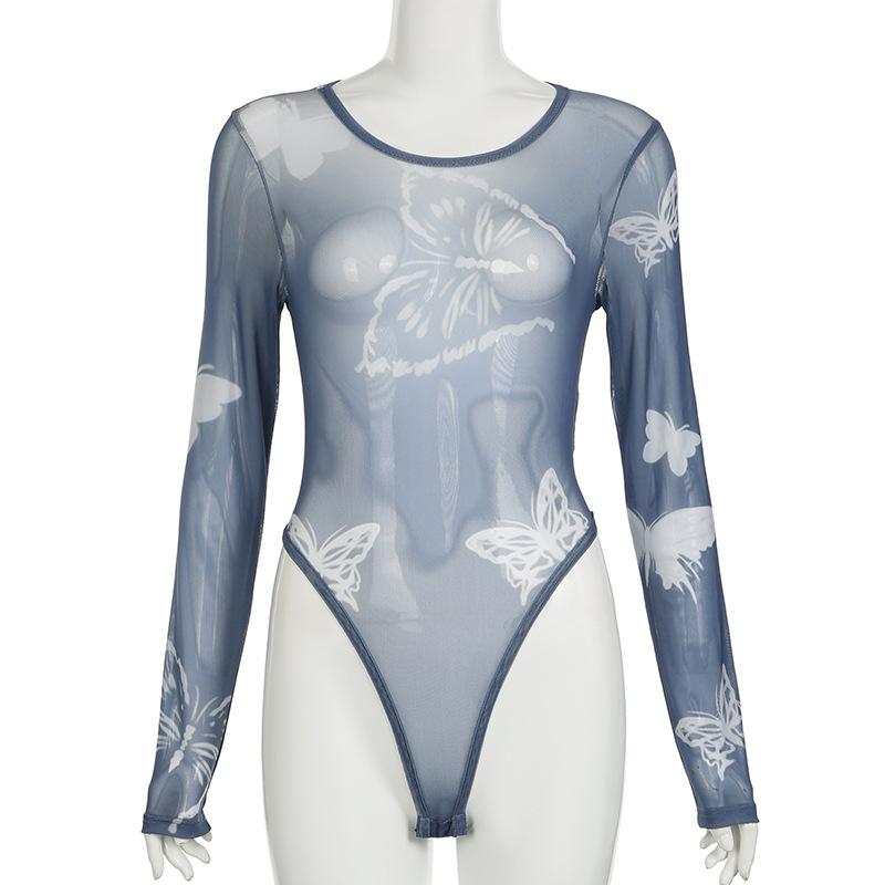 

Женский сетчатый боди с принтом бабочки, комбинезон с высокой талией и длинными рукавами, сексуальный комбинезон, модная уличная одежда