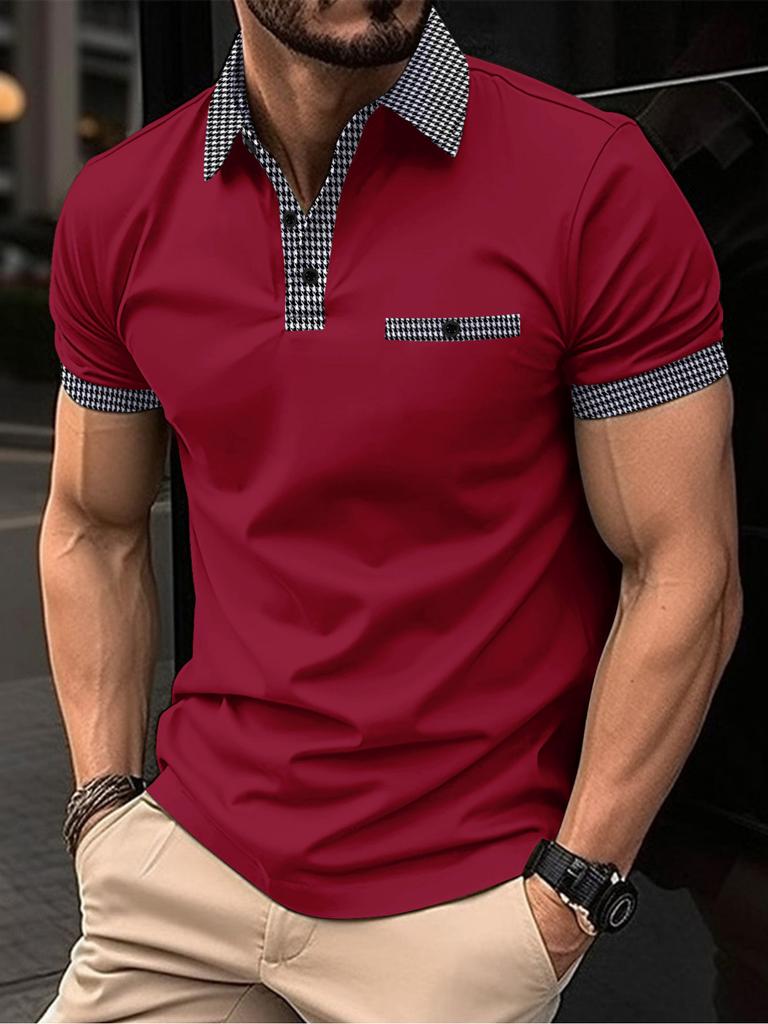 European American Style Men's Summer Short Sleeve Polo Shirt Button Turn Down Collar T-shirt Color Block Sports Rugby Shirt