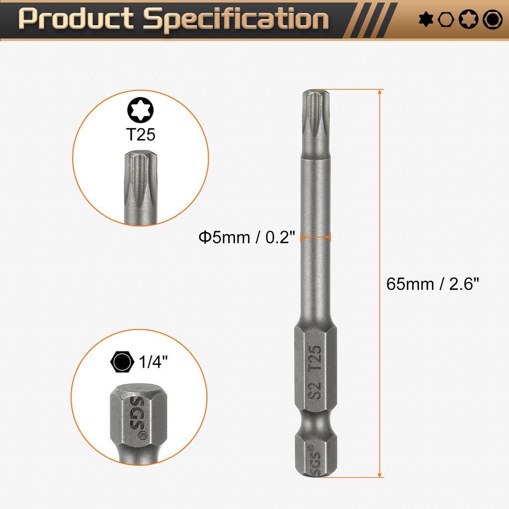 1/3/5pcs T5-T50 Torx Head Screwdriver Bit 1/4" Hex Shank Magnetic No Hole Tamper Proof 6 Point Star S2 Screw Driver Drill Bits