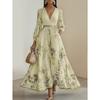 Women's V-Neck Long Sleeve Floral Print Pleated Maxi Dress  with Elastic Waist