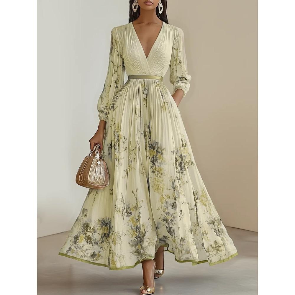 Women's V-Neck Long Sleeve Floral Print Pleated Maxi Dress  with Elastic Waist