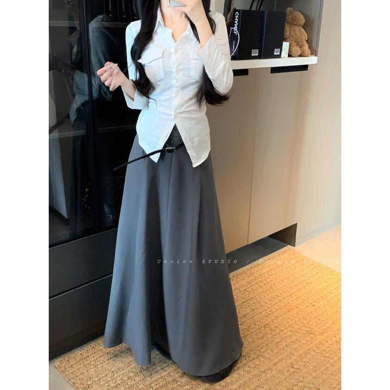 

Kumikumi Retro Graceful Gray Skirt A- Line Skirt Women s Autumn Drape High Waist Pleated Skirt Swing Skirt Grey without belt S