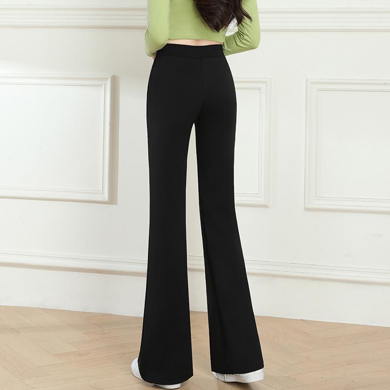 Women High Waist Split Hem Flare Pants Medium Stretch Slim Fit Black Long Trousers Casual Korean Style Pants