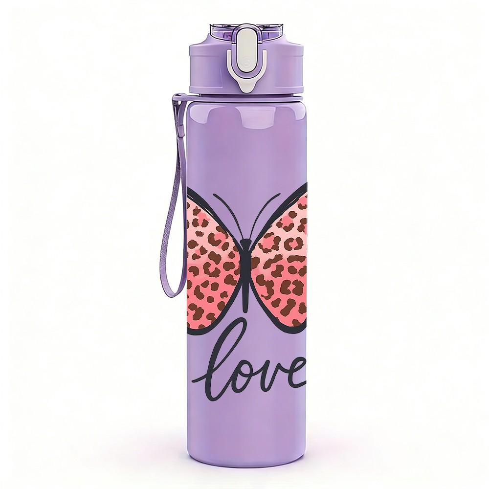 1PC Pink Butterfly Love 750ml Color Plastic Sports Water Bottle Leakproof Flip Straw Lid Suitable for Sports Office Home Use