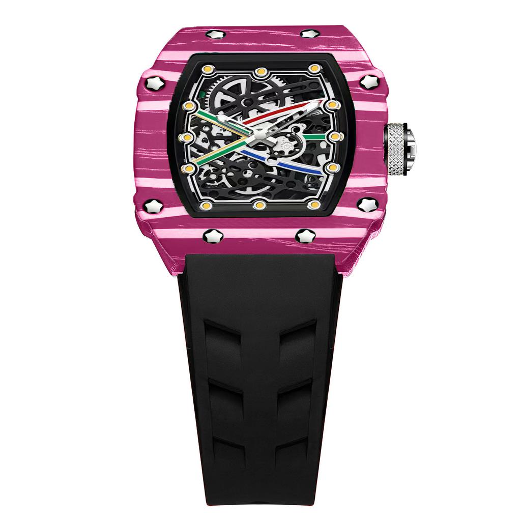 Luxus mechanische Skelettuhr mit einzigartigem strukturiertem Gehäuse und strapazierfähigem Silikonarmband für modernen Stil und präzise Zeitmessung