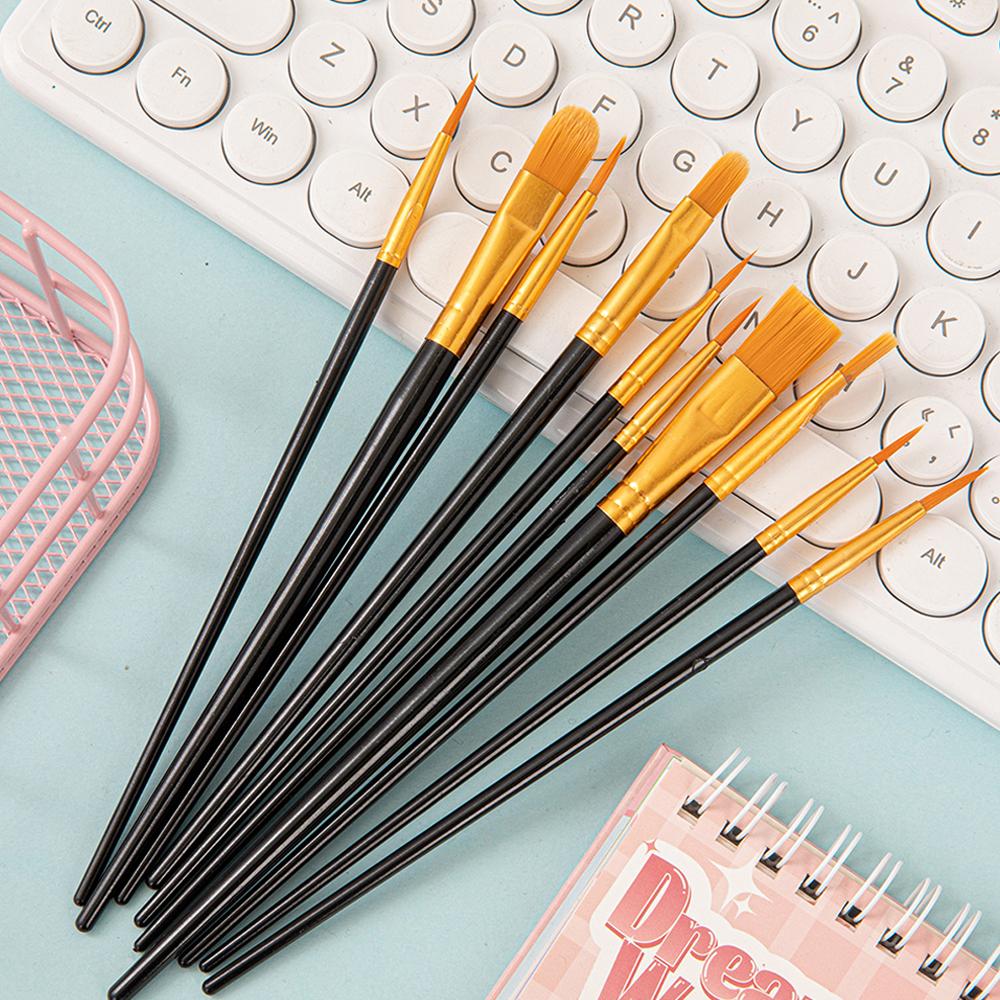 10Pcs Painting Brushes Set Art Round Flat Hair Nylon Hair Paint Brush Pen Oil Acrylic Watercolor Nylon Hair Paint Brushes