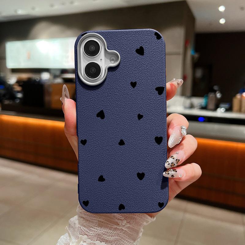 Leather Texture Black Love Hearts Pattern Phone Case for iPhone 16 15 Pro 14 Plus 13 12 11 Pro Max Xs Xr 8 7 Plus Shockproof Soft Tpu Slim Cover