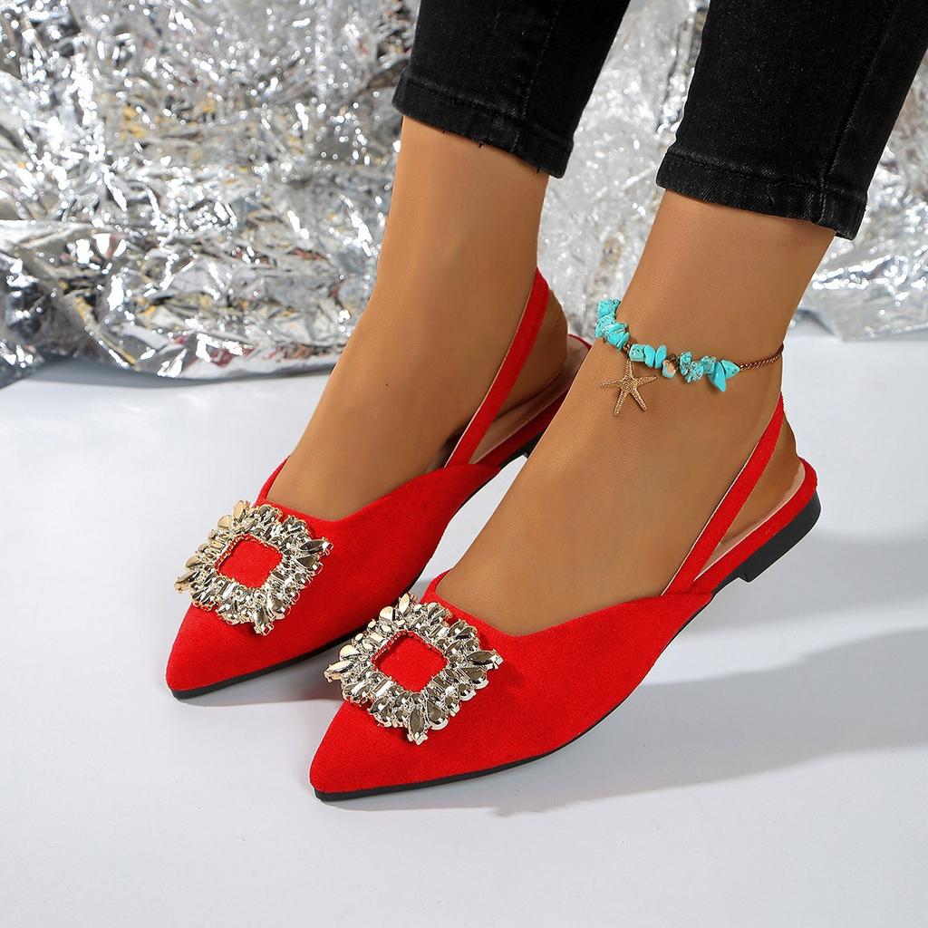 2025 new summer casual flat-bottomed bag head sandals women's fashion rhinestone square buckle large size pointed sandals women