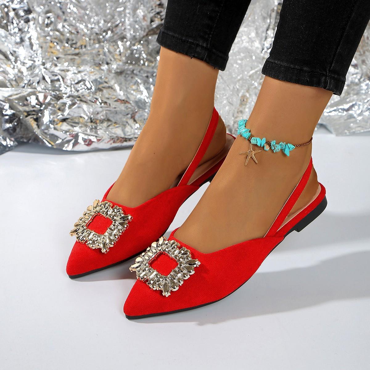 

2025 новые летние повседневные босоножки-мешки на плоской подошве женские модные сандалии с квадратной пряжкой и стразами большого размера для женщин 43 красный