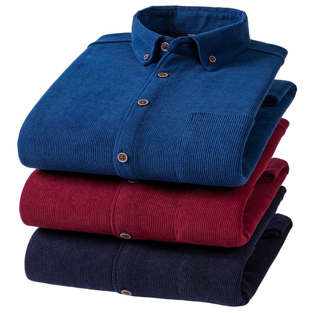 Thermal Men's Long Sleeve Shirt  Solid Corduroy with Fleece Lining for Cold Days plus size